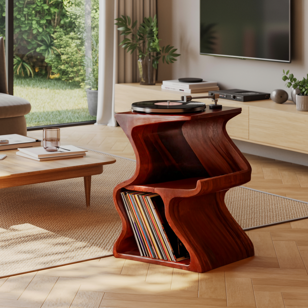 Aurea Wave Sculptural Solid Wood Record Player Stand