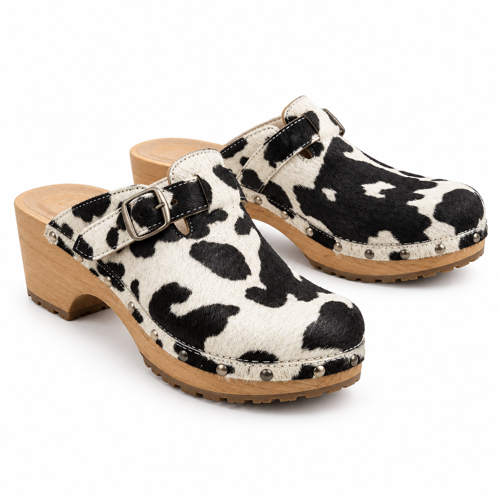 Cow Print Leather Clogs