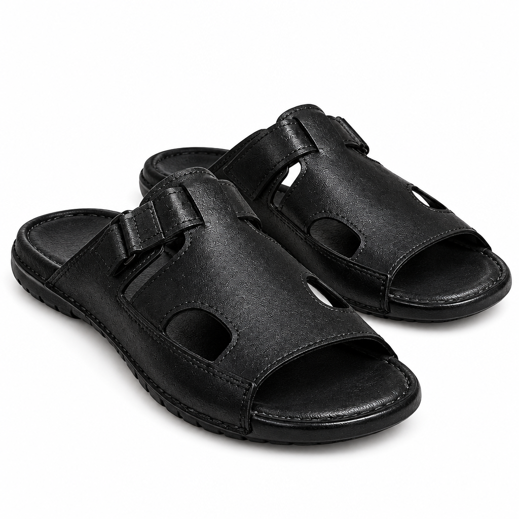 Black Leather Slide Sandals