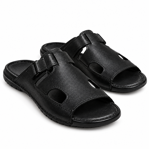Black Leather Slide Sandals