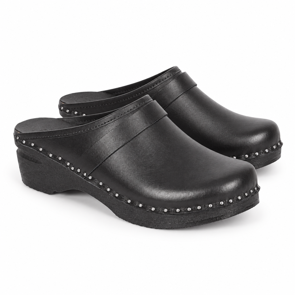 Black Leather Wooden Clogs