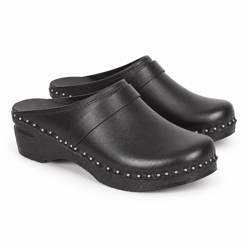 Black Leather Wooden Clogs