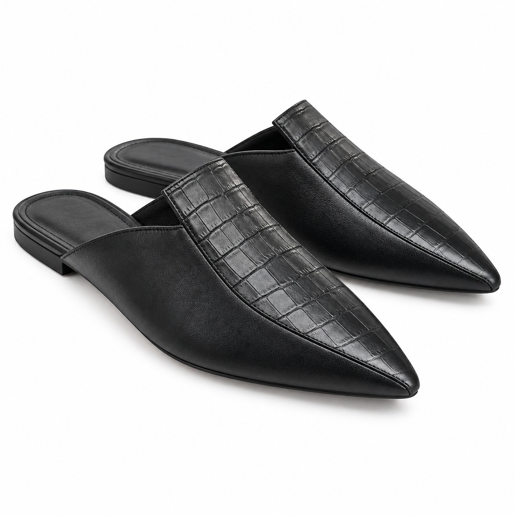 Black Croc-Embossed Mules