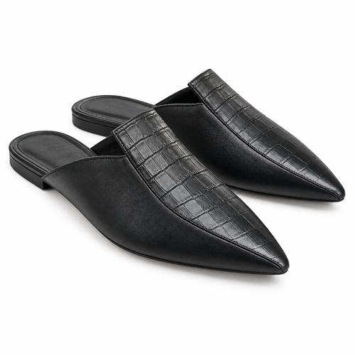Black Croc-Embossed Mules